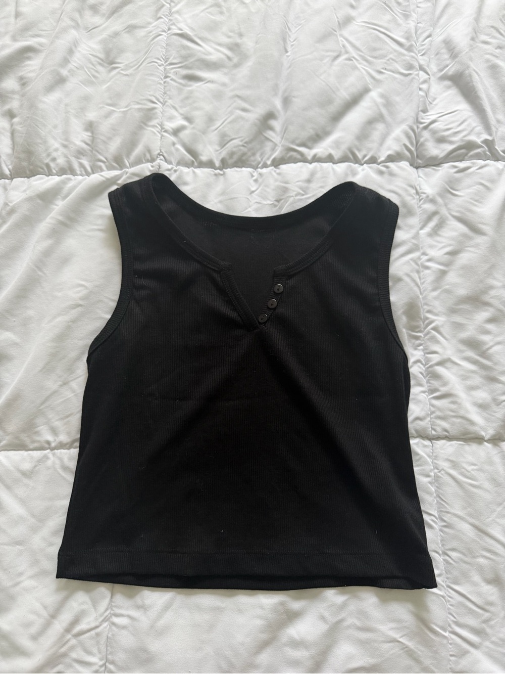 SHEIN Black Ribbed Crop Tank with Button V-Neck